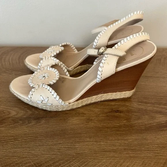 Jack Rogers Cream Leather Wedge Sandals with Whipstitch Trim Size 8.5 - Picture 3 of 7